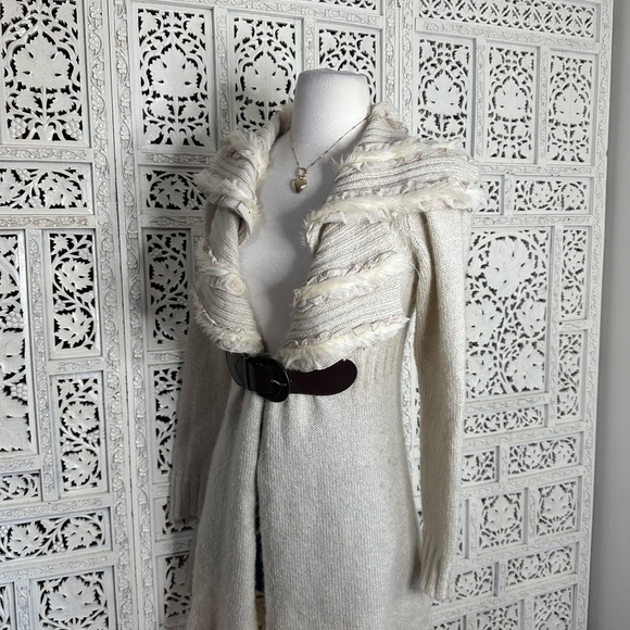 Cynthia Rowley Wool Blend Neutral Faux Fur Collar Belted Cardigan Sz Small - Picture 6 of 9